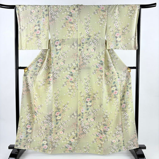 小紋 身長162cm 袖長66.5cm M 雙層 草花紋紋 金彩裝飾 漸層 抹茶 純蠶絲 名品級