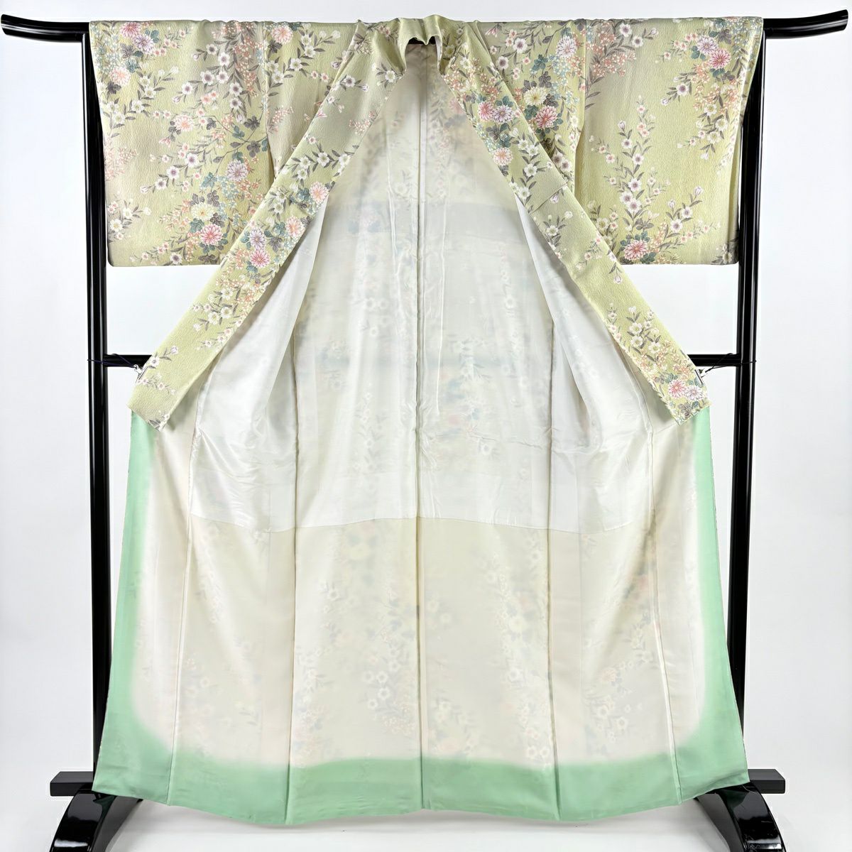 小紋 身長162cm 袖長66.5cm M 雙層 草花紋紋 金彩裝飾 漸層 抹茶 純蠶絲 名品級