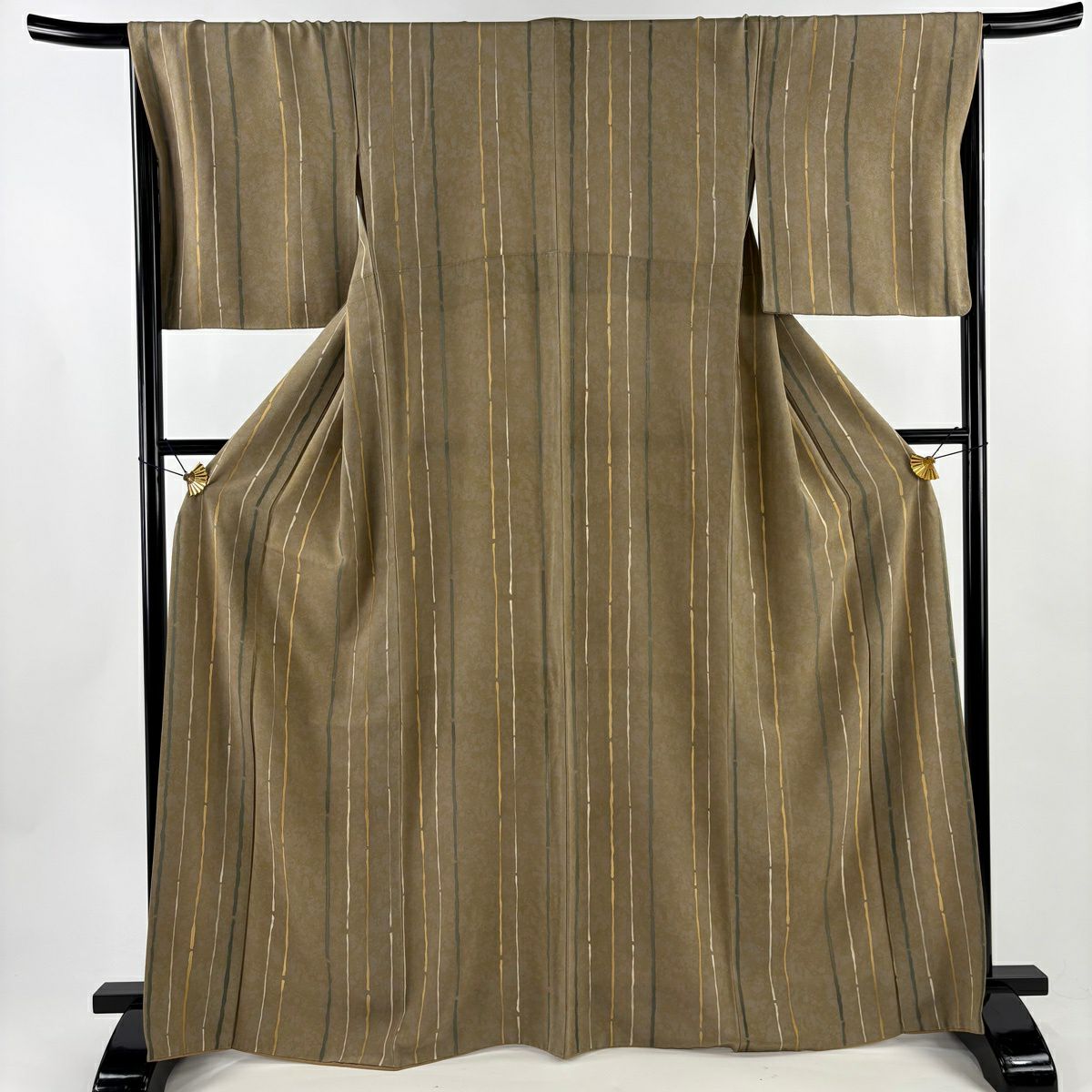 【美品】 小紋 身長167cm 袖長68cm L 雙層 縱條紋 幾何圖案 灰綠 純蠶絲 名品級