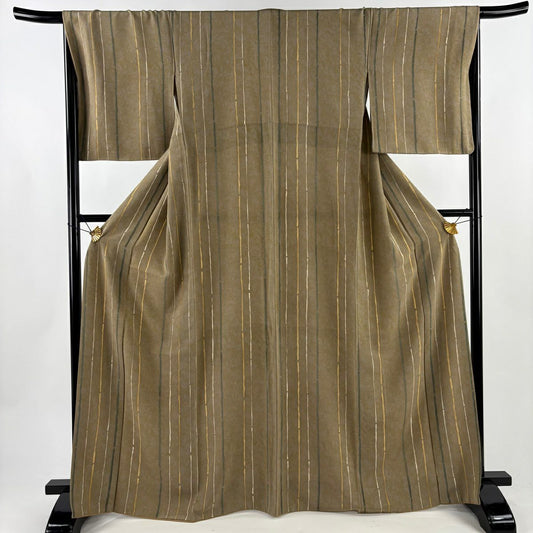 【美品】 小紋 身長167cm 袖長68cm L 雙層 縱條紋 幾何圖案 灰綠 純蠶絲 名品級