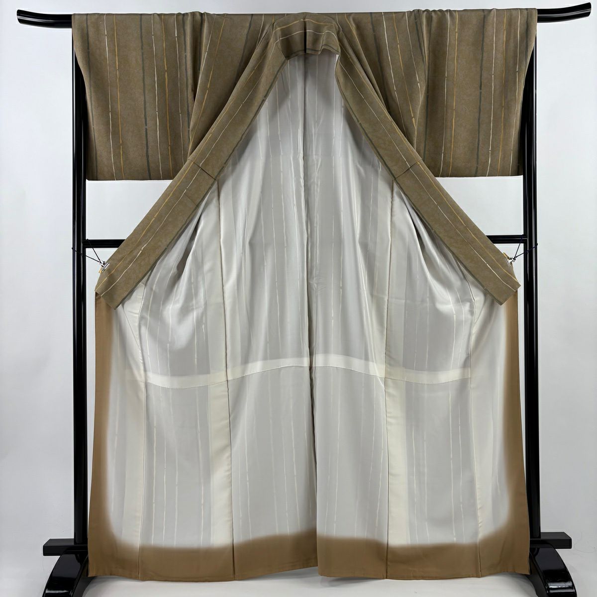 【美品】 小紋 身長167cm 袖長68cm L 雙層 縱條紋 幾何圖案 灰綠 純蠶絲 名品級
