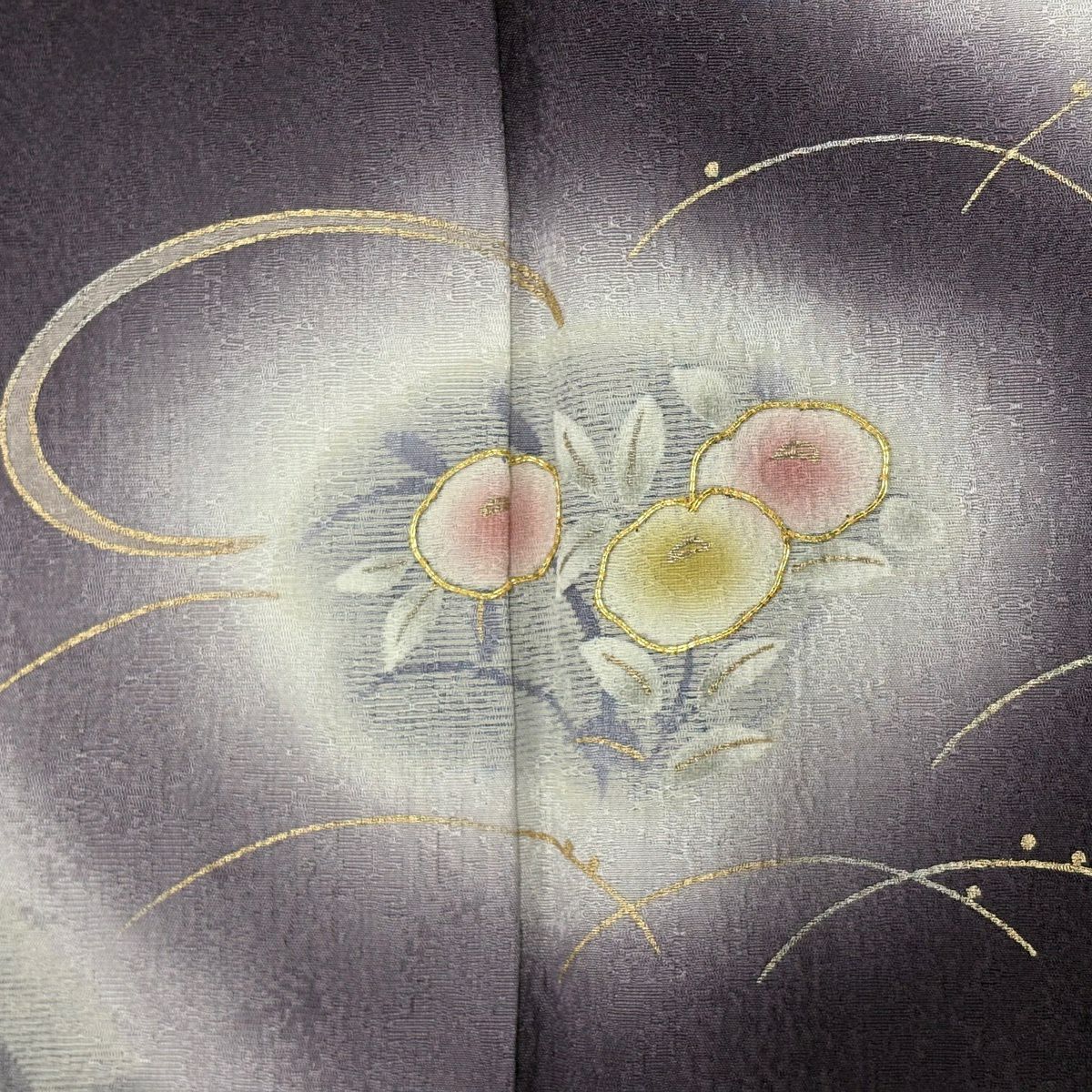 付下 身長160cm 袖長66.5cm M 雙層 萬壽菊花 桔梗 金絲 金銀彩 紫 純蠶絲 名品級