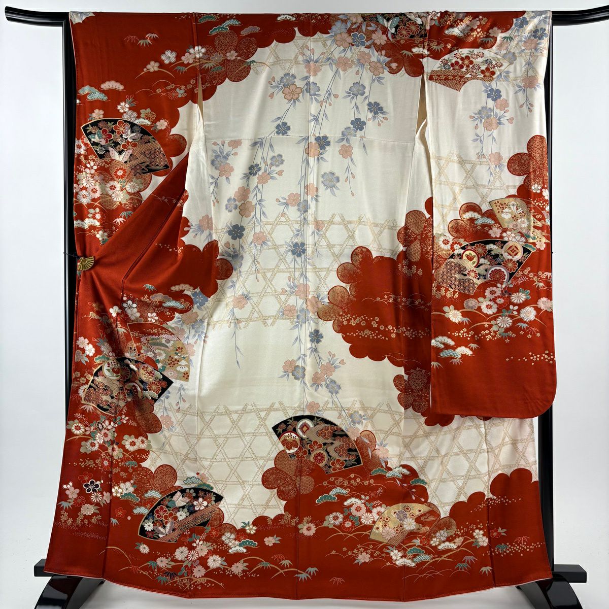 振袖禮服 身長165.5cm 袖長65cm M 雙層 扇子面 松樹竹子梅花 金彩裝飾 染分 茜 純蠶絲 秀品級