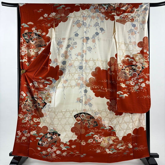振袖禮服 身長165.5cm 袖長65cm M 雙層 扇子面 松樹竹子梅花 金彩裝飾 染分 茜 純蠶絲 秀品級