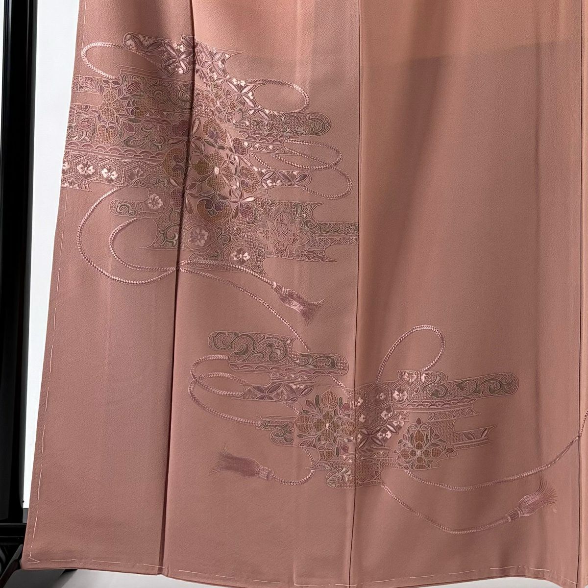 付下 身長163cm 袖長66cm M 雙層 華紋 組紐 刺繡 粉米色 純蠶絲 優品級