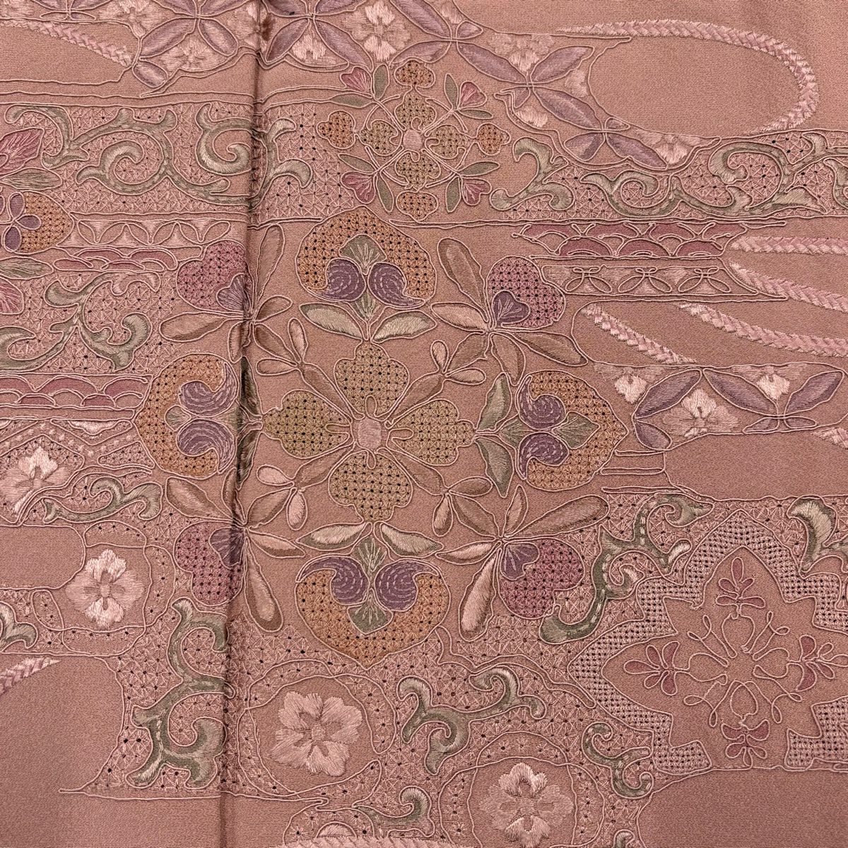 付下 身長163cm 袖長66cm M 雙層 華紋 組紐 刺繡 粉米色 純蠶絲 優品級