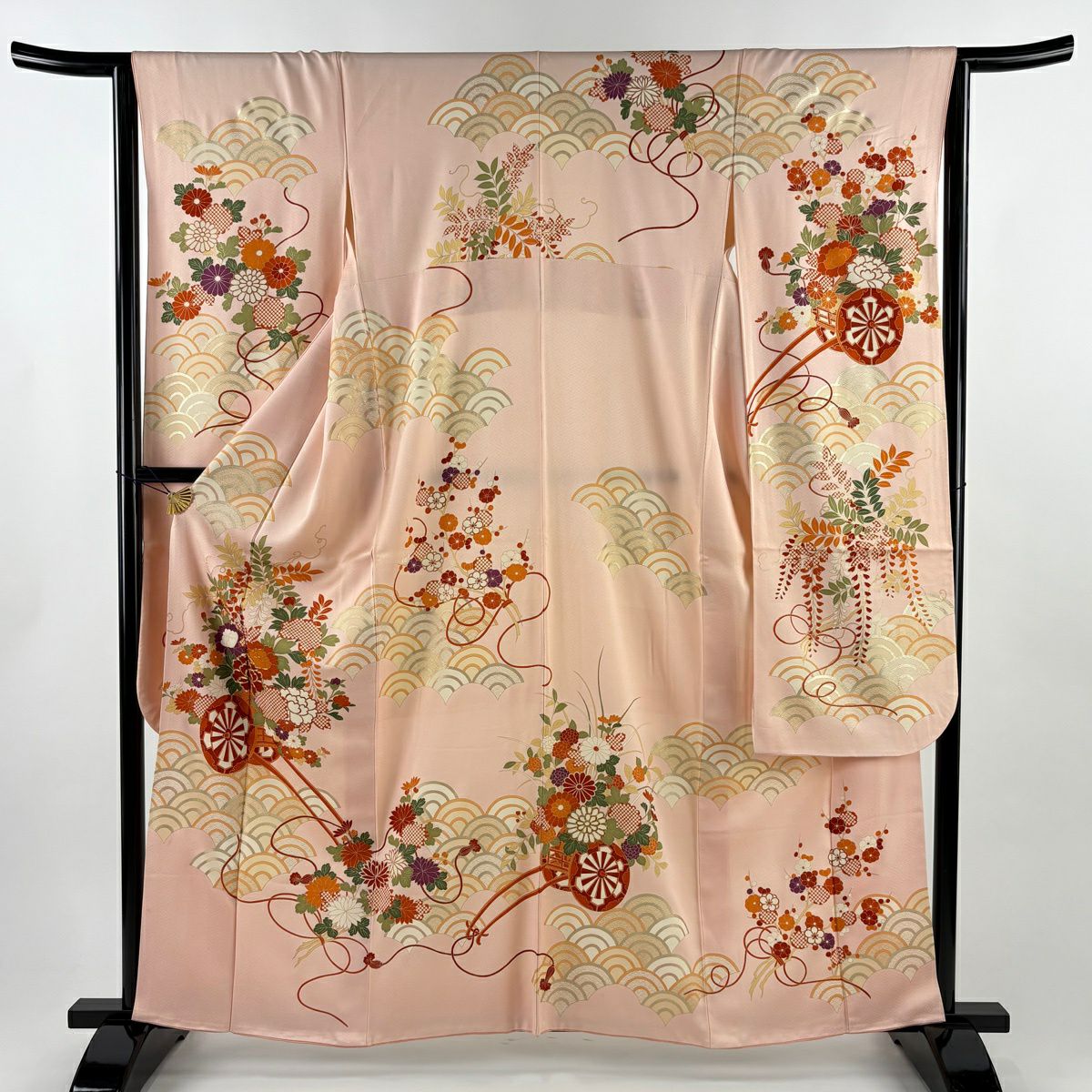 振袖禮服 身長161.5cm 袖長63.5cm S 雙層 花車 青海波 金絲 金銀彩 淺粉色 純蠶絲 優品級