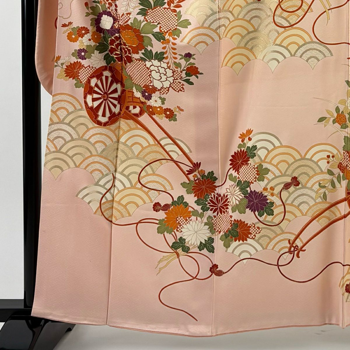 振袖禮服 身長161.5cm 袖長63.5cm S 雙層 花車 青海波 金絲 金銀彩 淺粉色 純蠶絲 優品級