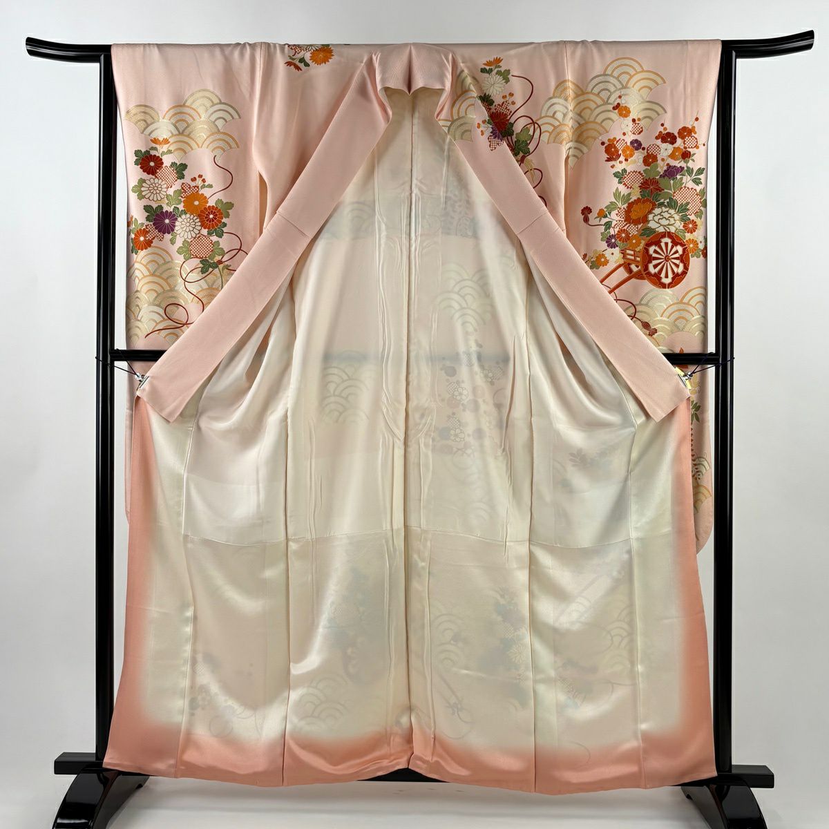 振袖禮服 身長161.5cm 袖長63.5cm S 雙層 花車 青海波 金絲 金銀彩 淺粉色 純蠶絲 優品級