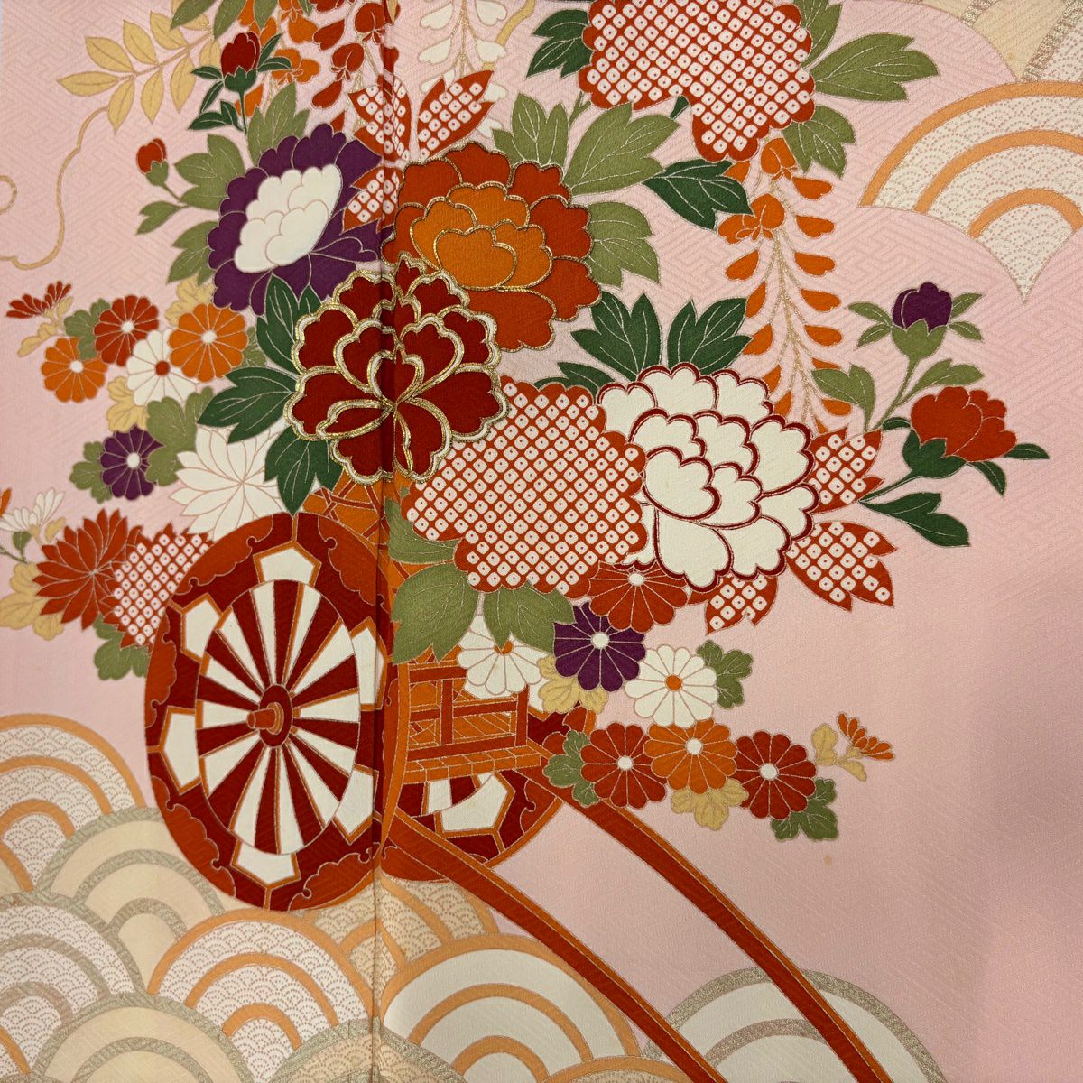 振袖禮服 身長161.5cm 袖長63.5cm S 雙層 花車 青海波 金絲 金銀彩 淺粉色 純蠶絲 優品級