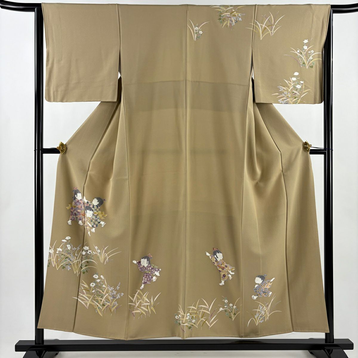 訪問服 身長155cm 袖長63.5cm S 雙層 童 草花紋 薄茶 純蠶絲 秀品級