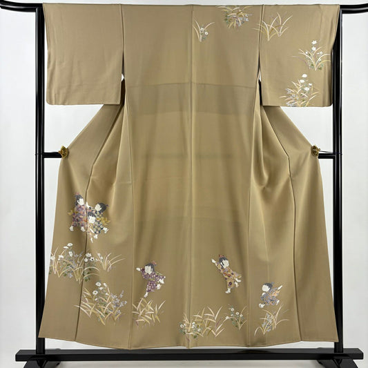 訪問服 身長155cm 袖長63.5cm S 雙層 童 草花紋 薄茶 純蠶絲 秀品級
