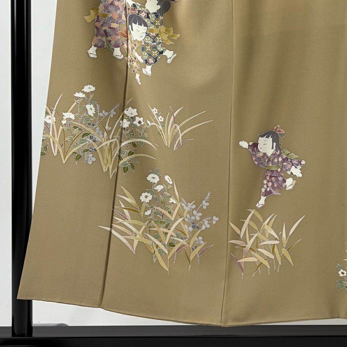 訪問服 身長155cm 袖長63.5cm S 雙層 童 草花紋 薄茶 純蠶絲 秀品級