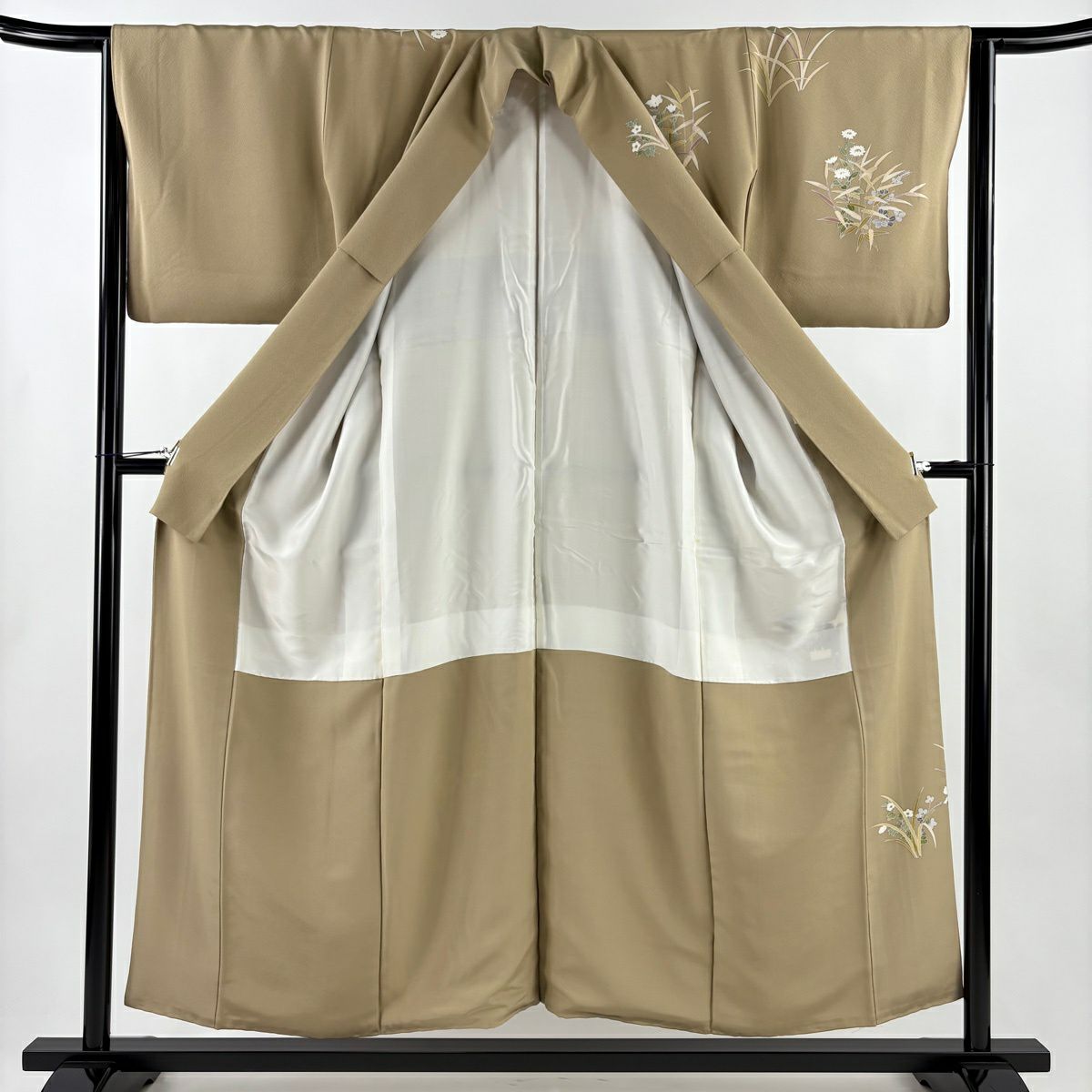 訪問服 身長155cm 袖長63.5cm S 雙層 童 草花紋 薄茶 純蠶絲 秀品級