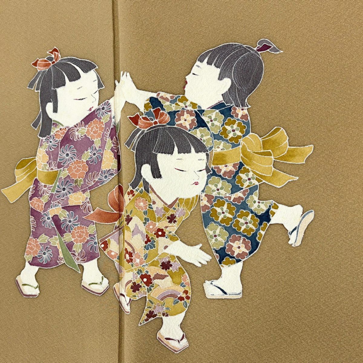 訪問服 身長155cm 袖長63.5cm S 雙層 童 草花紋 薄茶 純蠶絲 秀品級