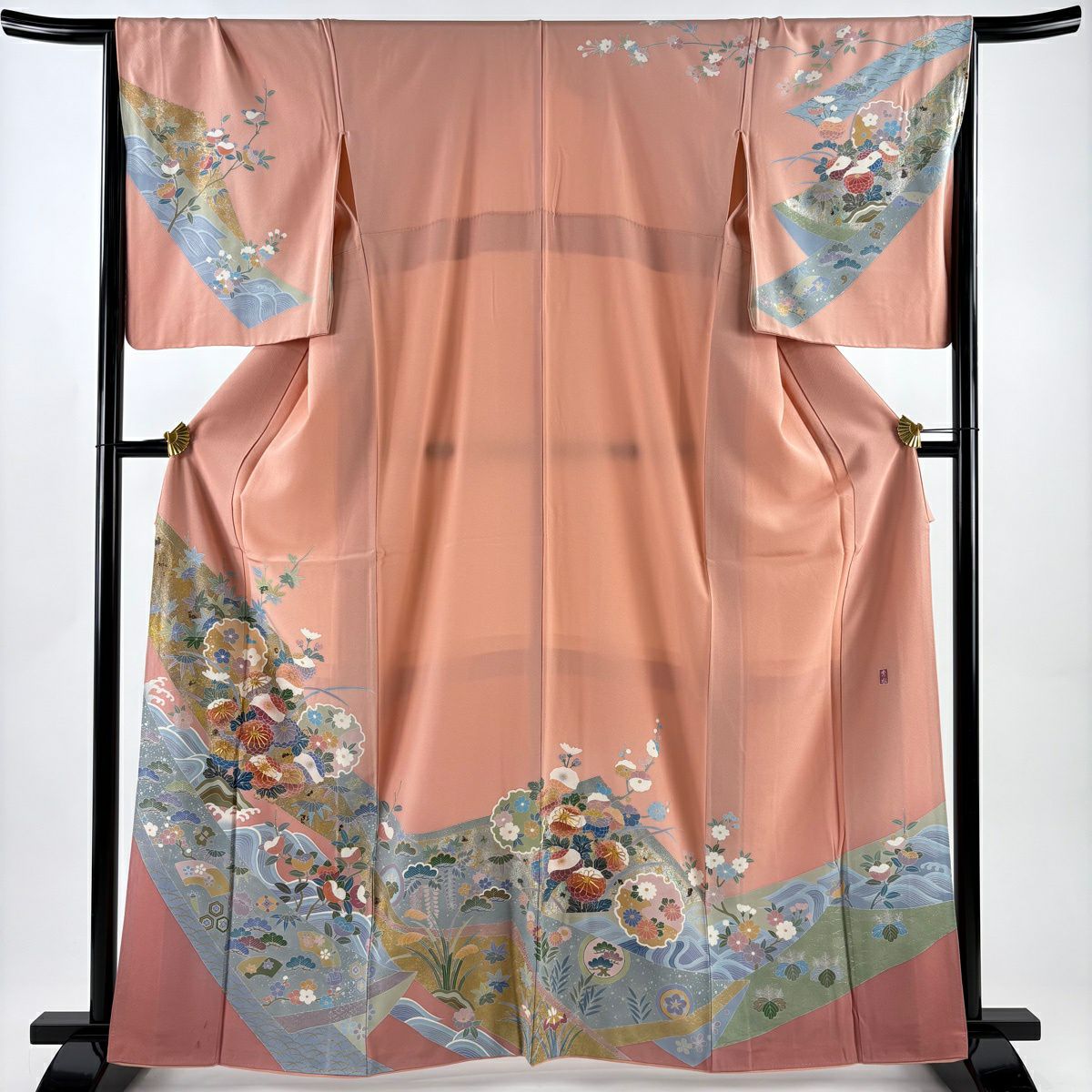 訪問服 身長164cm 袖長67cm M 雙層 落款有 雪輪 菊花 金絲 金銀彩 鮭粉色 純蠶絲 優品級