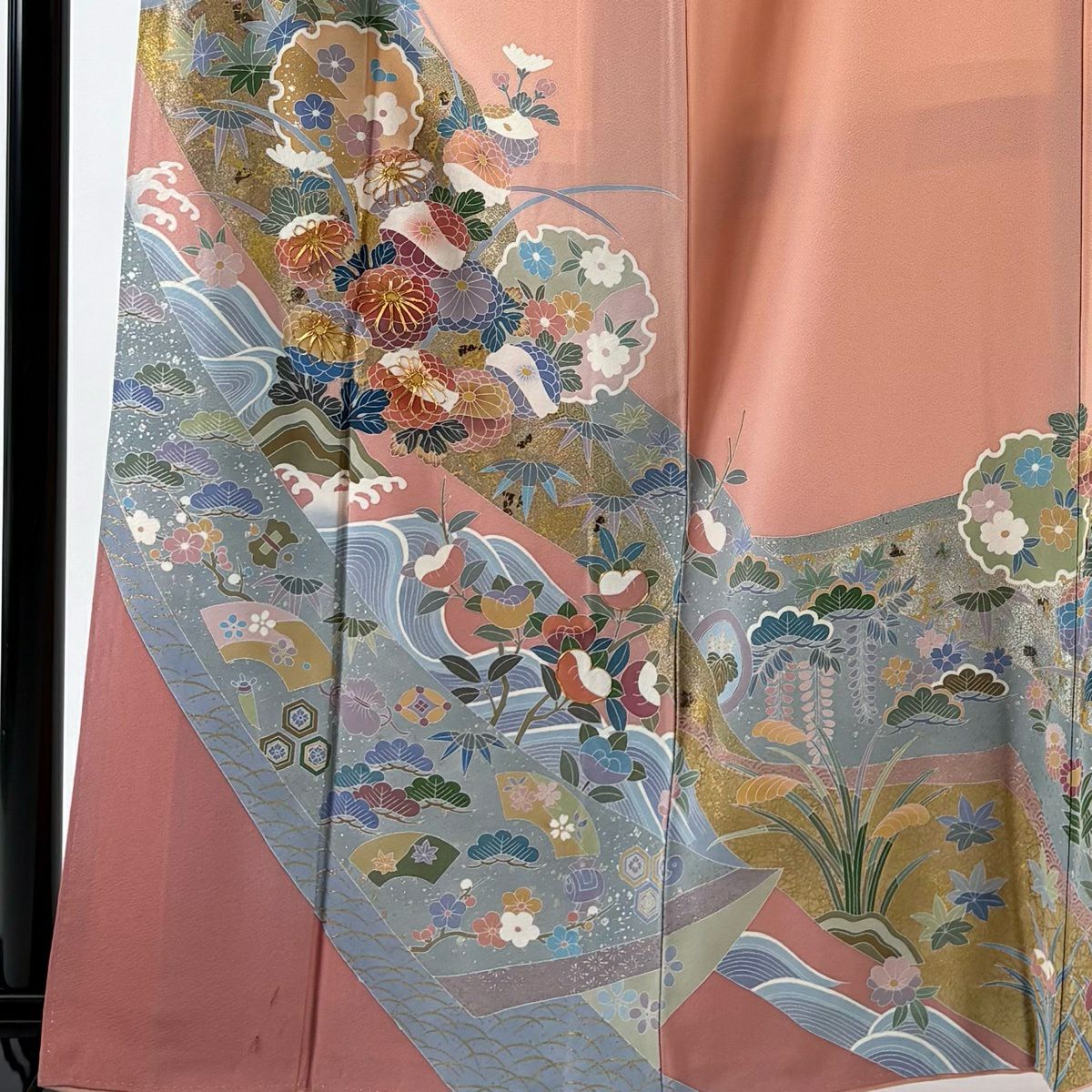 訪問服 身長164cm 袖長67cm M 雙層 落款有 雪輪 菊花 金絲 金銀彩 鮭粉色 純蠶絲 優品級