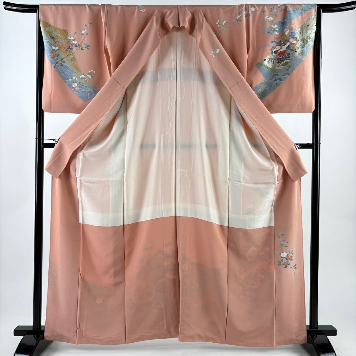 訪問服 身長164cm 袖長67cm M 雙層 落款有 雪輪 菊花 金絲 金銀彩 鮭粉色 純蠶絲 優品級