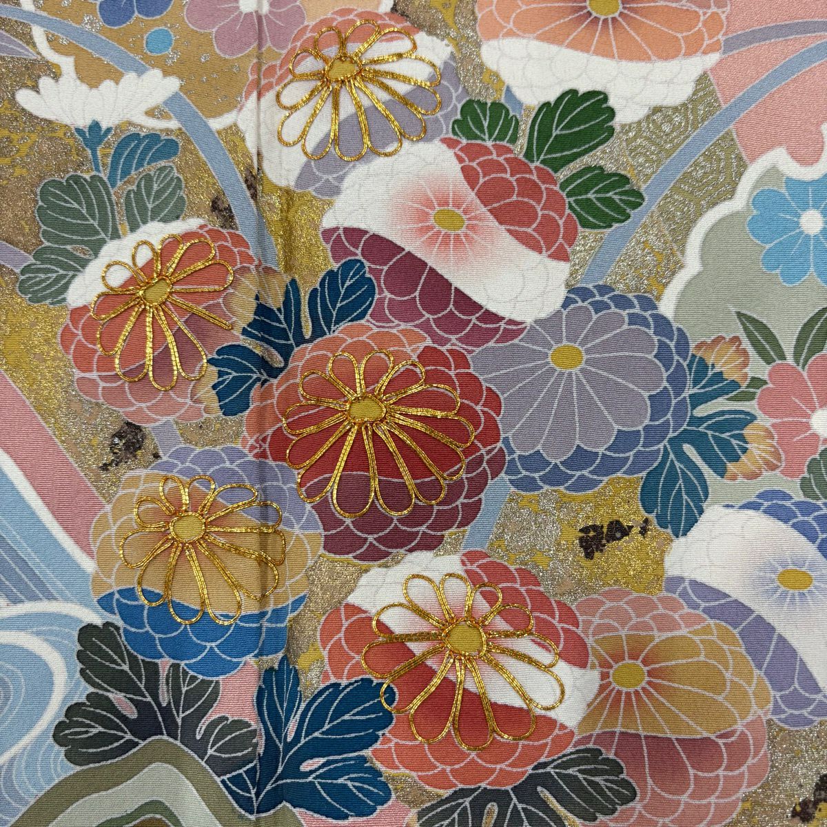 訪問服 身長164cm 袖長67cm M 雙層 落款有 雪輪 菊花 金絲 金銀彩 鮭粉色 純蠶絲 優品級