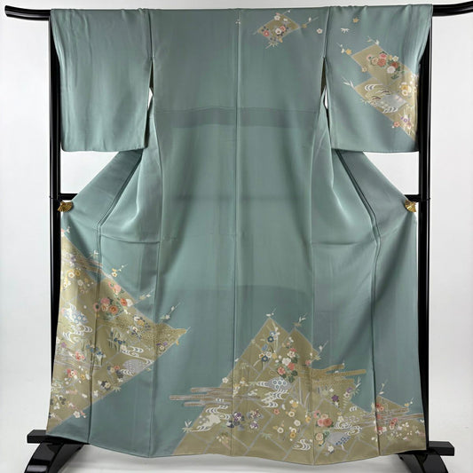 訪問服 身長163cm 袖長67cm M 雙層 菊花 ヱ霞 金絲 金銀彩 淺綠 純蠶絲 優品級 一個紋