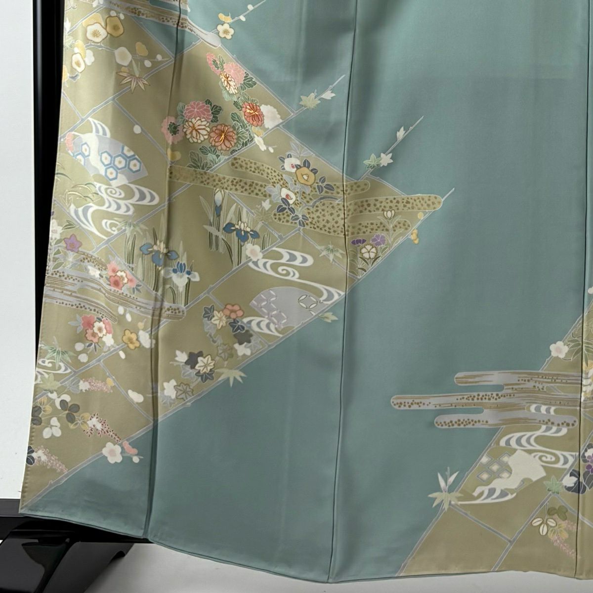 訪問服 身長163cm 袖長67cm M 雙層 菊花 ヱ霞 金絲 金銀彩 淺綠 純蠶絲 優品級 一個紋