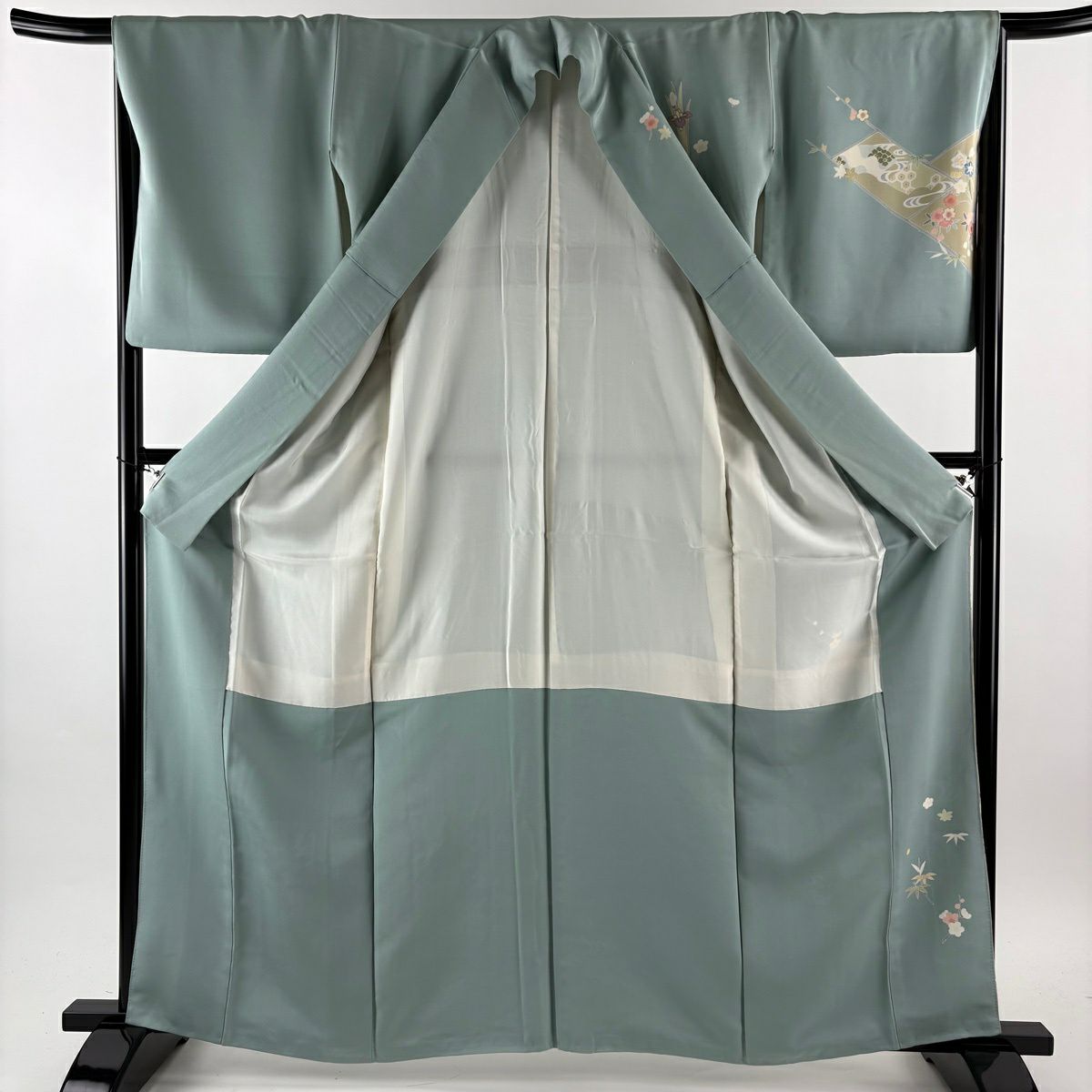 訪問服 身長163cm 袖長67cm M 雙層 菊花 ヱ霞 金絲 金銀彩 淺綠 純蠶絲 優品級 一個紋