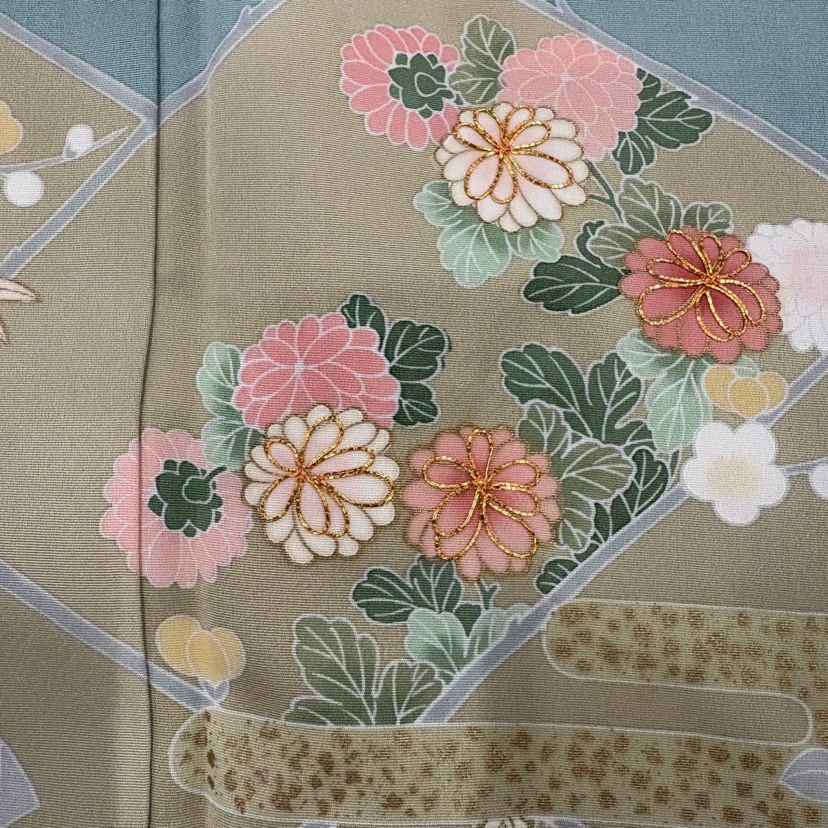 訪問服 身長163cm 袖長67cm M 雙層 菊花 ヱ霞 金絲 金銀彩 淺綠 純蠶絲 優品級 一個紋