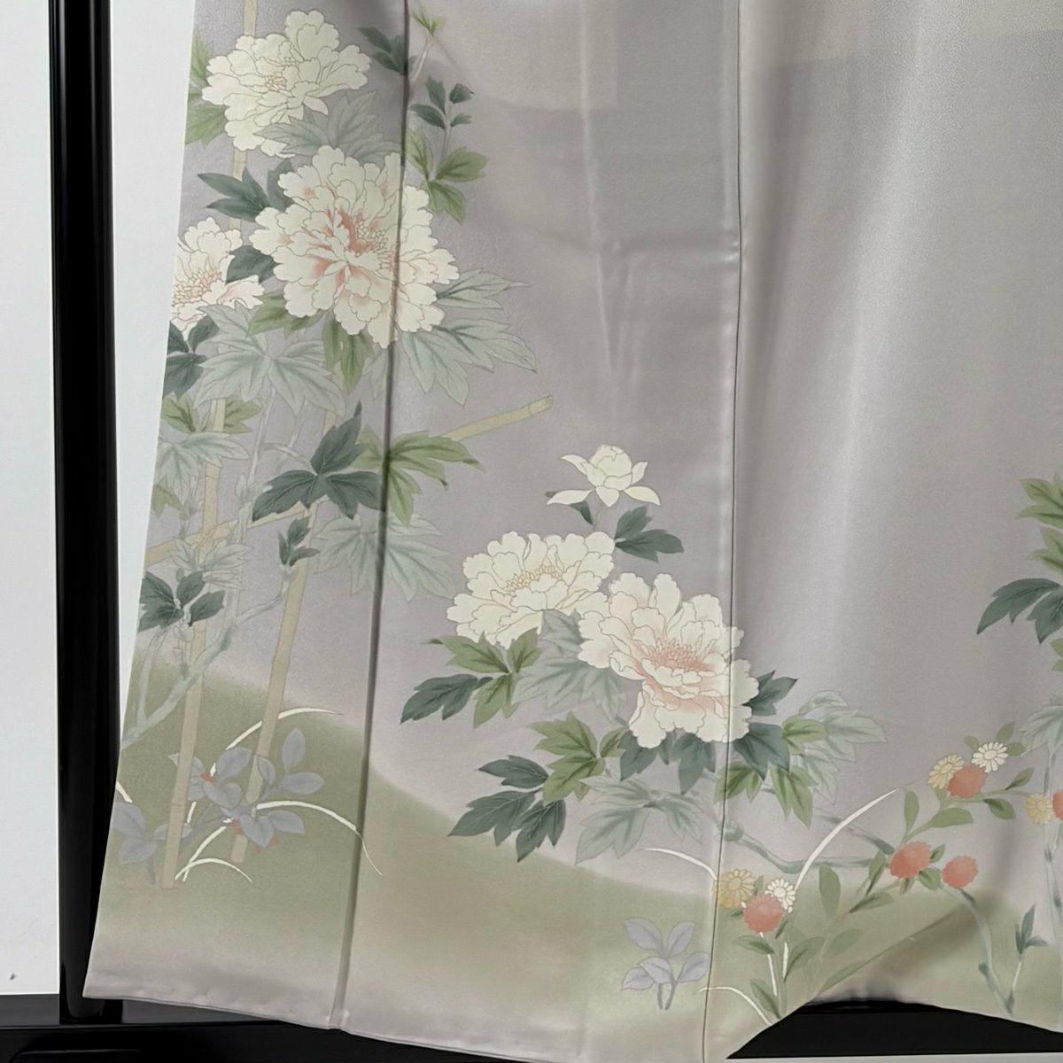 訪問服 身長158cm 袖長63.5cm S 雙層 牡丹 漸層 灰 純蠶絲 秀品級
