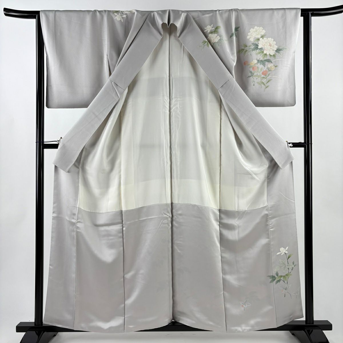 訪問服 身長158cm 袖長63.5cm S 雙層 牡丹 漸層 灰 純蠶絲 秀品級