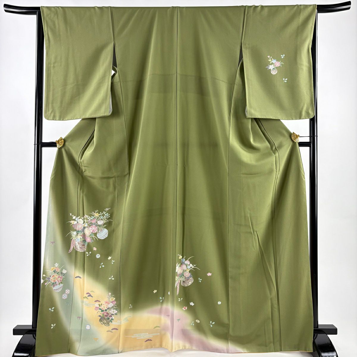 訪問服 身長168.5cm 袖長65.5cm M 雙層 花籠 松樹竹子梅花 金銀彩 漸層 艾草綠 純蠶絲 優品級