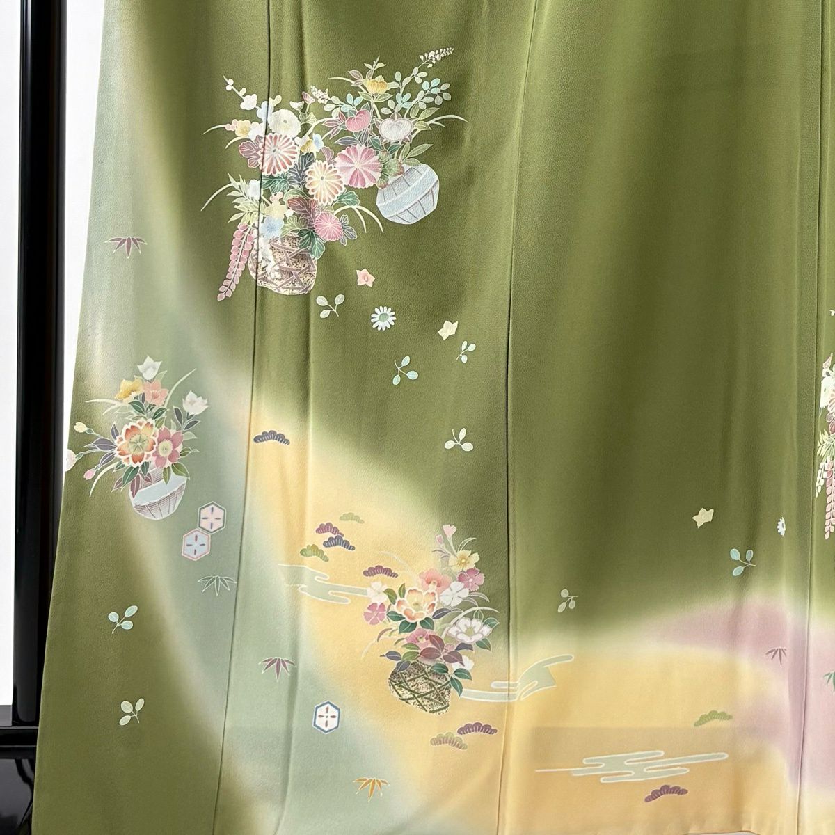 訪問服 身長168.5cm 袖長65.5cm M 雙層 花籠 松樹竹子梅花 金銀彩 漸層 艾草綠 純蠶絲 優品級