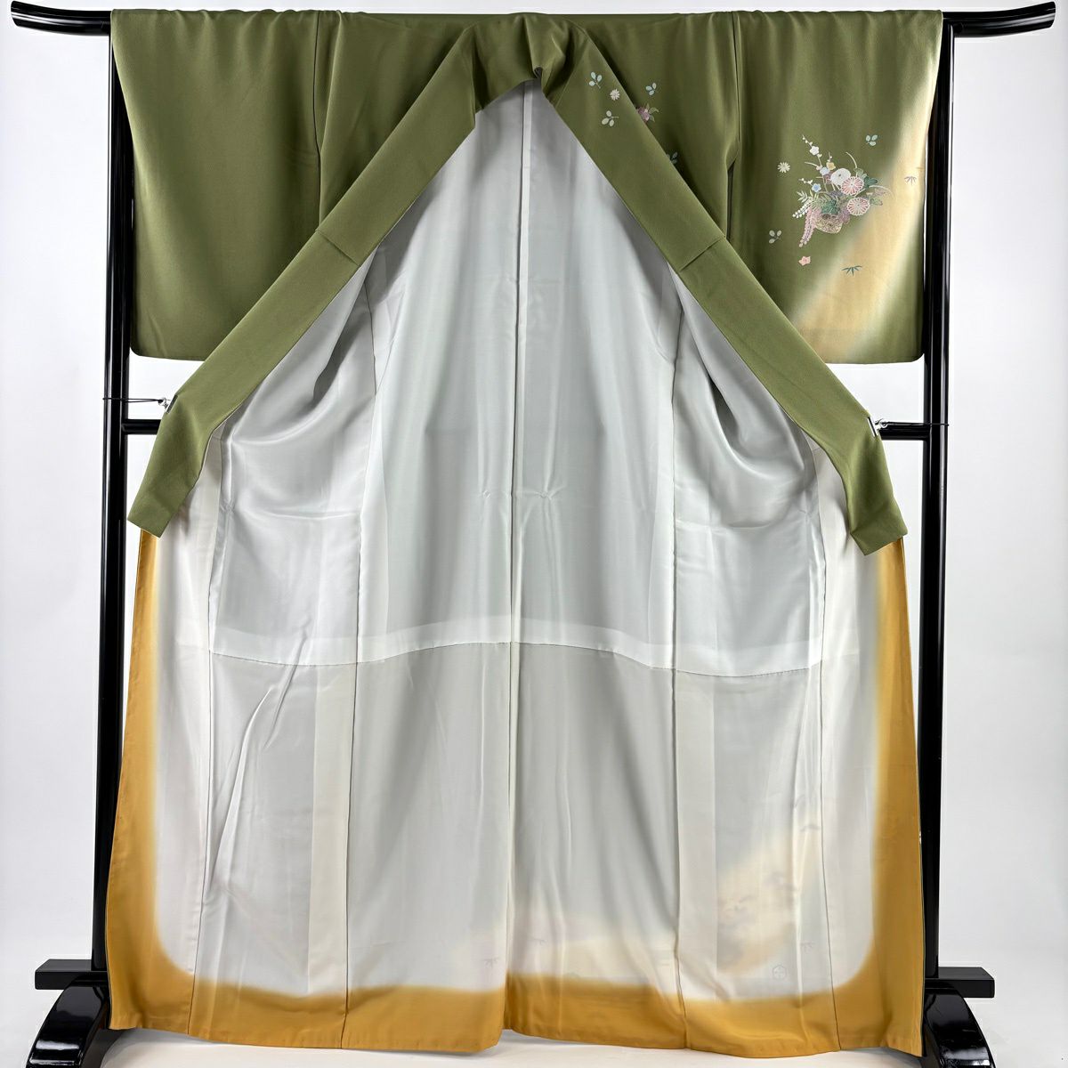 訪問服 身長168.5cm 袖長65.5cm M 雙層 花籠 松樹竹子梅花 金銀彩 漸層 艾草綠 純蠶絲 優品級