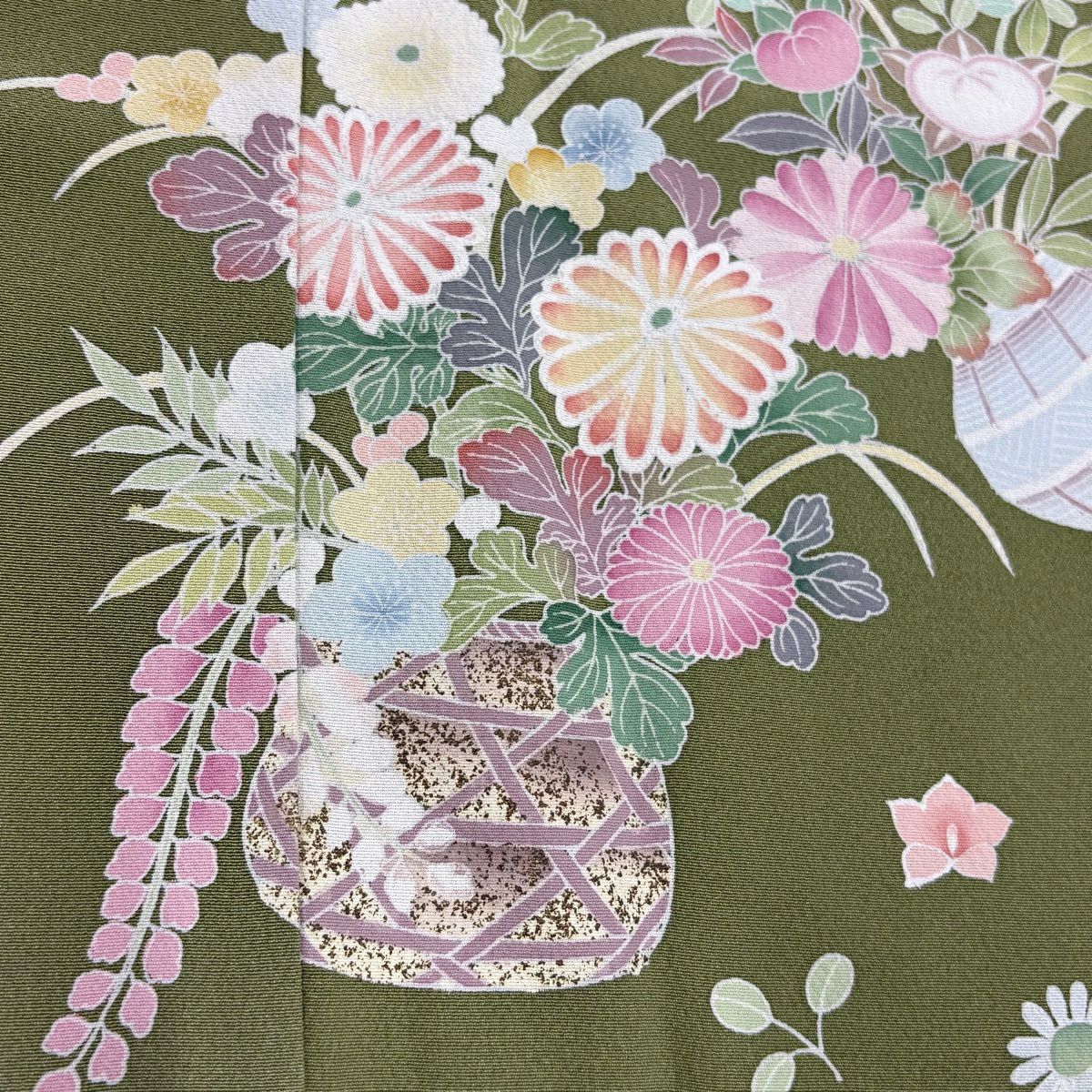訪問服 身長168.5cm 袖長65.5cm M 雙層 花籠 松樹竹子梅花 金銀彩 漸層 艾草綠 純蠶絲 優品級