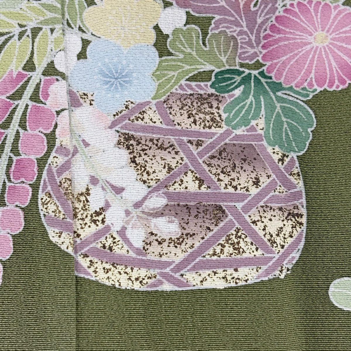 訪問服 身長168.5cm 袖長65.5cm M 雙層 花籠 松樹竹子梅花 金銀彩 漸層 艾草綠 純蠶絲 優品級