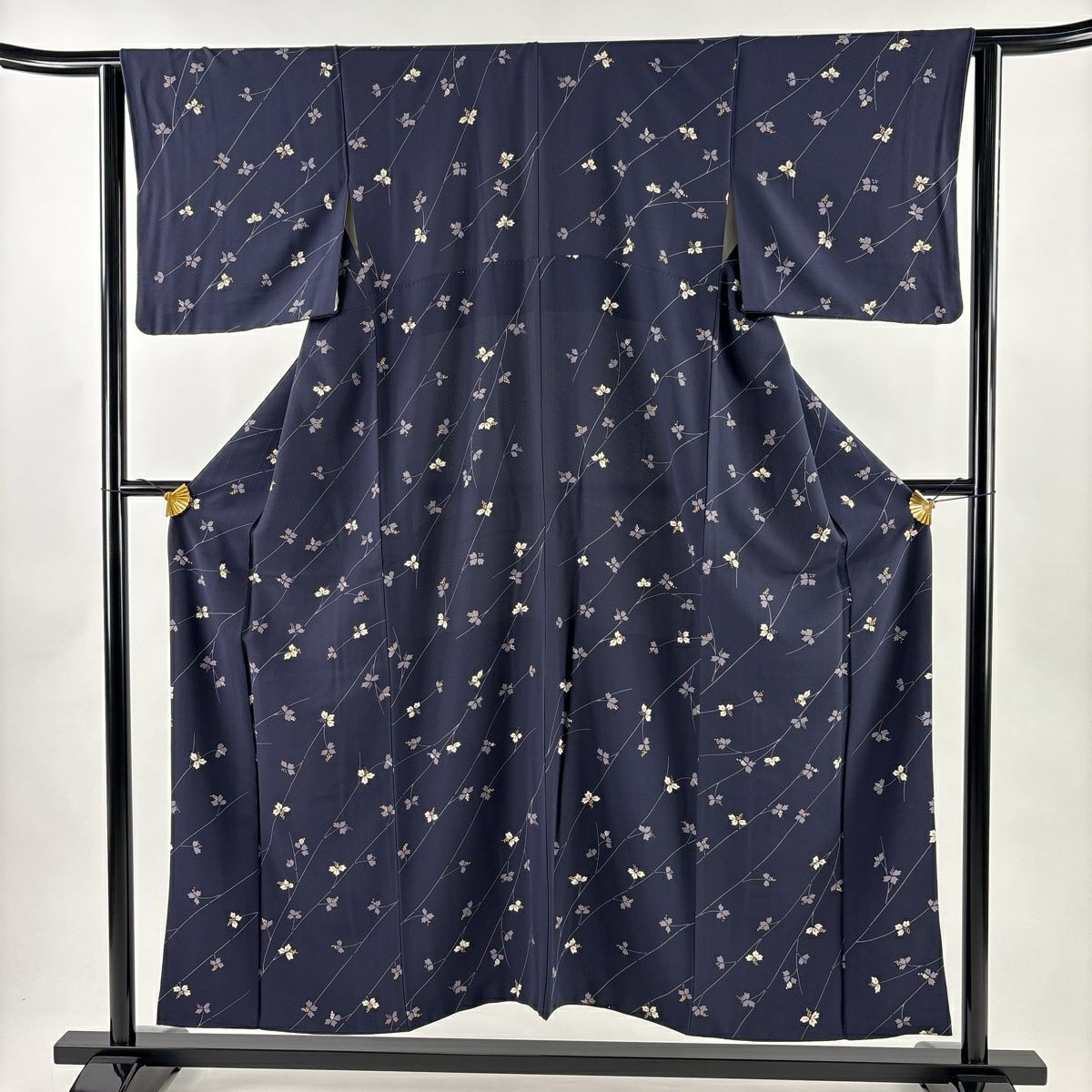 【美品】 小紋 身長151cm 袖長63cm S 雙層 葉與果實 金銀彩 紫 純蠶絲 秀品級