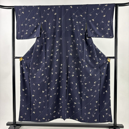 【美品】 小紋 身長151cm 袖長63cm S 雙層 葉與果實 金銀彩 紫 純蠶絲 秀品級