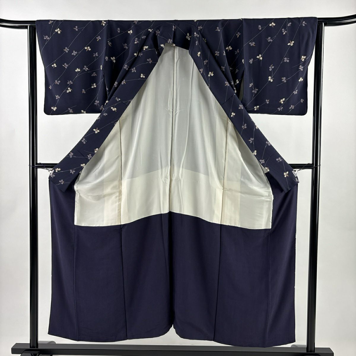 【美品】 小紋 身長151cm 袖長63cm S 雙層 葉與果實 金銀彩 紫 純蠶絲 秀品級