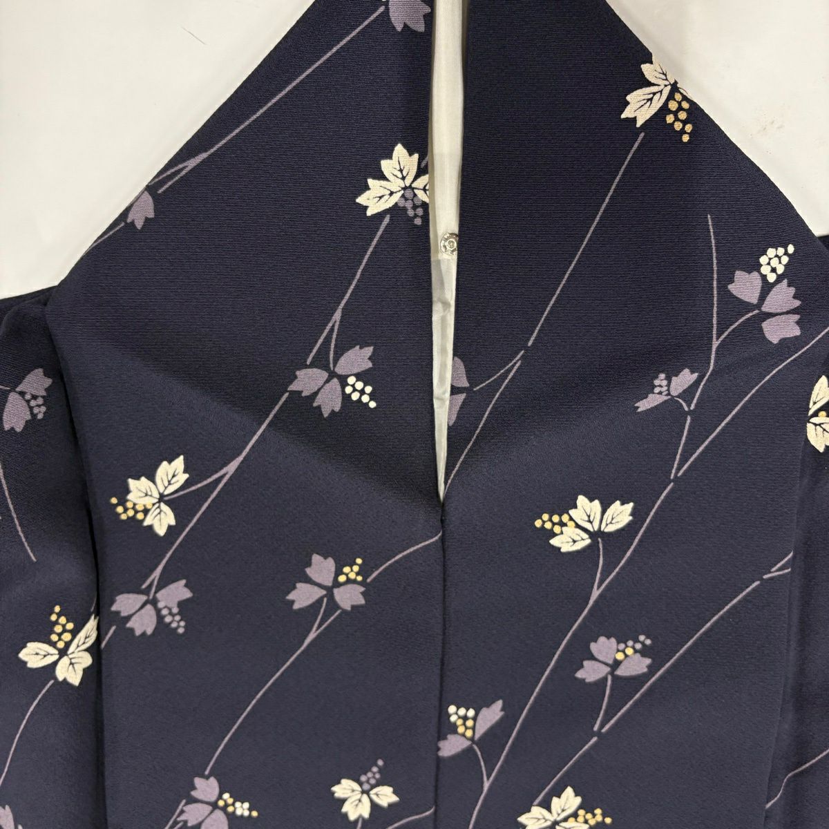 【美品】 小紋 身長151cm 袖長63cm S 雙層 葉與果實 金銀彩 紫 純蠶絲 秀品級