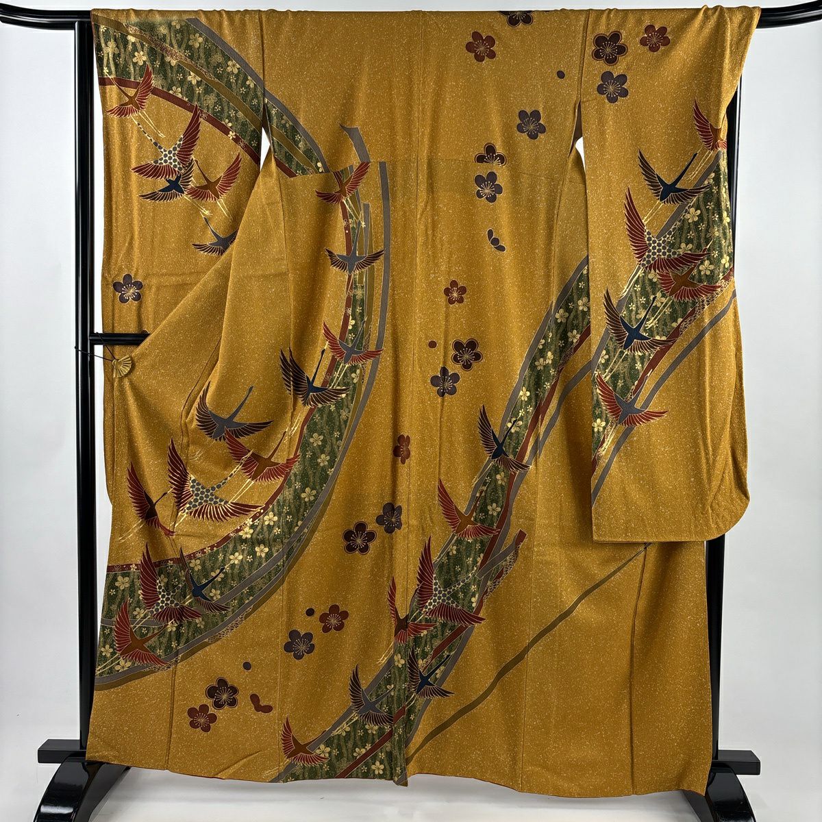 【美品】振袖禮服 身長162cm 袖長67cm M 雙層 仙鶴 梅花 金絲 金銀彩 山吹茶 純蠶絲 秀品級