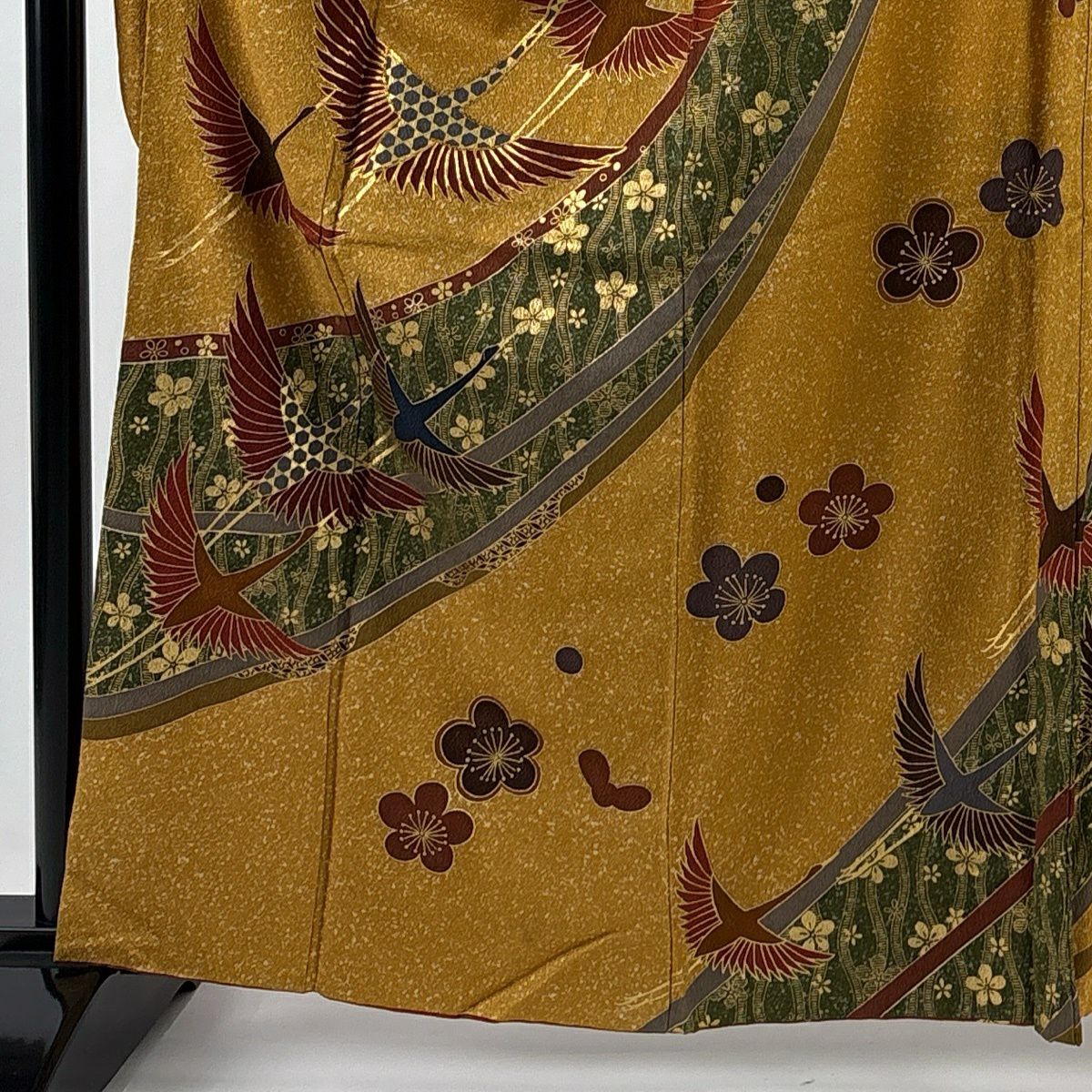 【美品】振袖禮服 身長162cm 袖長67cm M 雙層 仙鶴 梅花 金絲 金銀彩 山吹茶 純蠶絲 秀品級