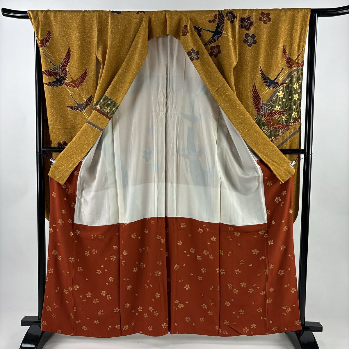 【美品】振袖禮服 身長162cm 袖長67cm M 雙層 仙鶴 梅花 金絲 金銀彩 山吹茶 純蠶絲 秀品級