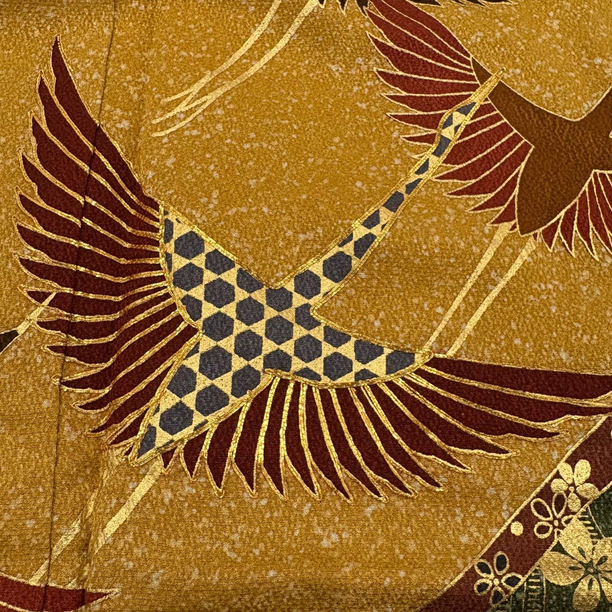 【美品】振袖禮服 身長162cm 袖長67cm M 雙層 仙鶴 梅花 金絲 金銀彩 山吹茶 純蠶絲 秀品級
