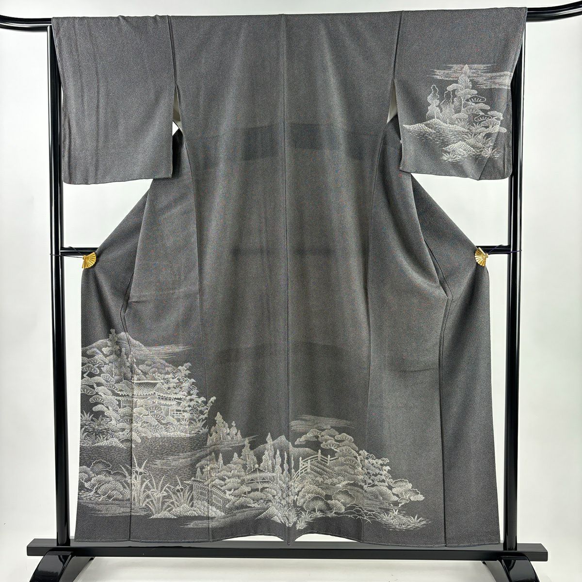 【美品】 付下 身長156cm 袖長66cm M 雙層 建物 松樹 黑灰 純蠶絲 秀品級
