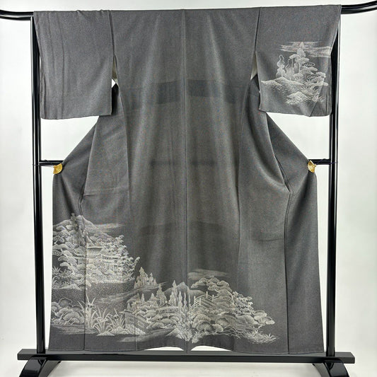 【美品】 付下 身長156cm 袖長66cm M 雙層 建物 松樹 黑灰 純蠶絲 秀品級