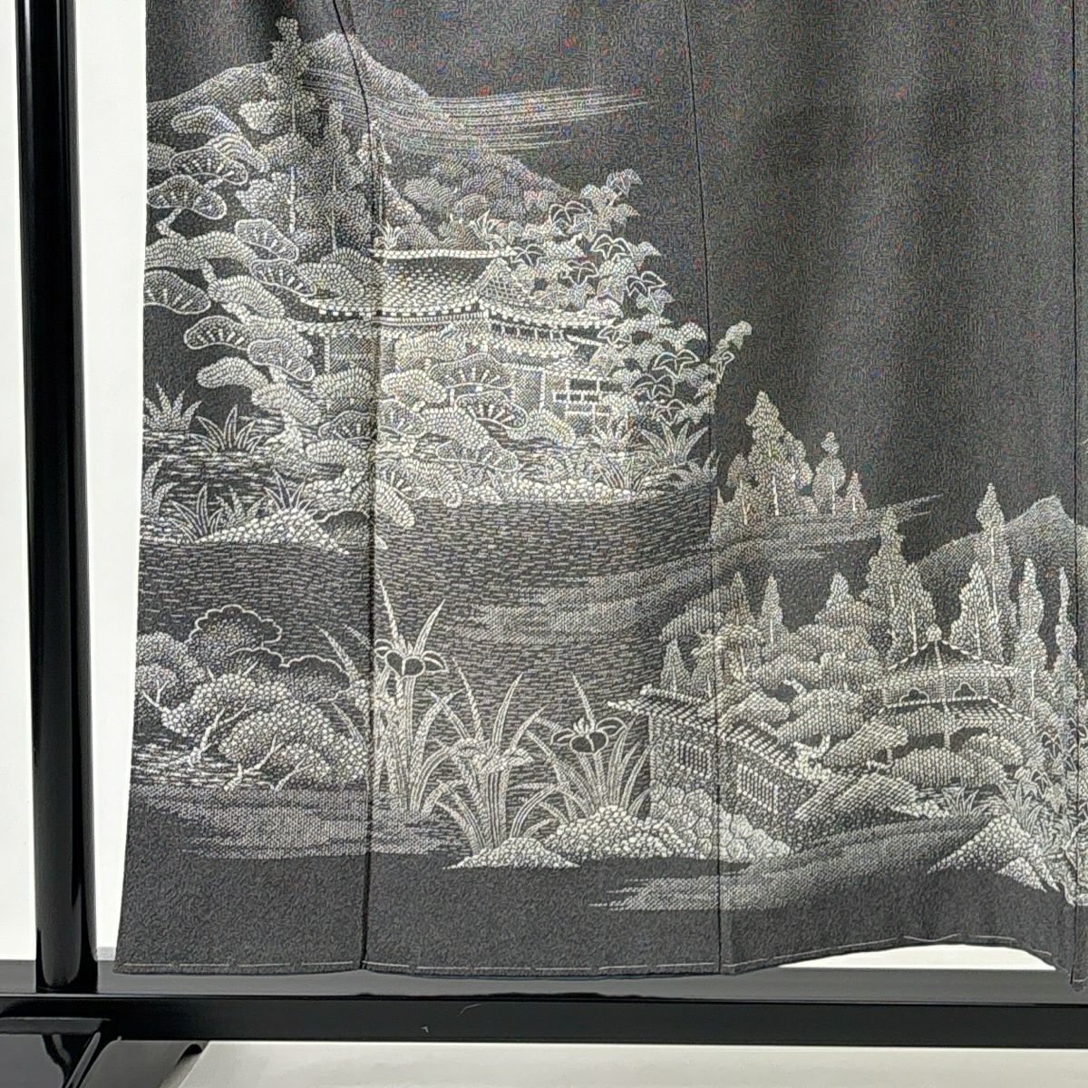 【美品】 付下 身長156cm 袖長66cm M 雙層 建物 松樹 黑灰 純蠶絲 秀品級