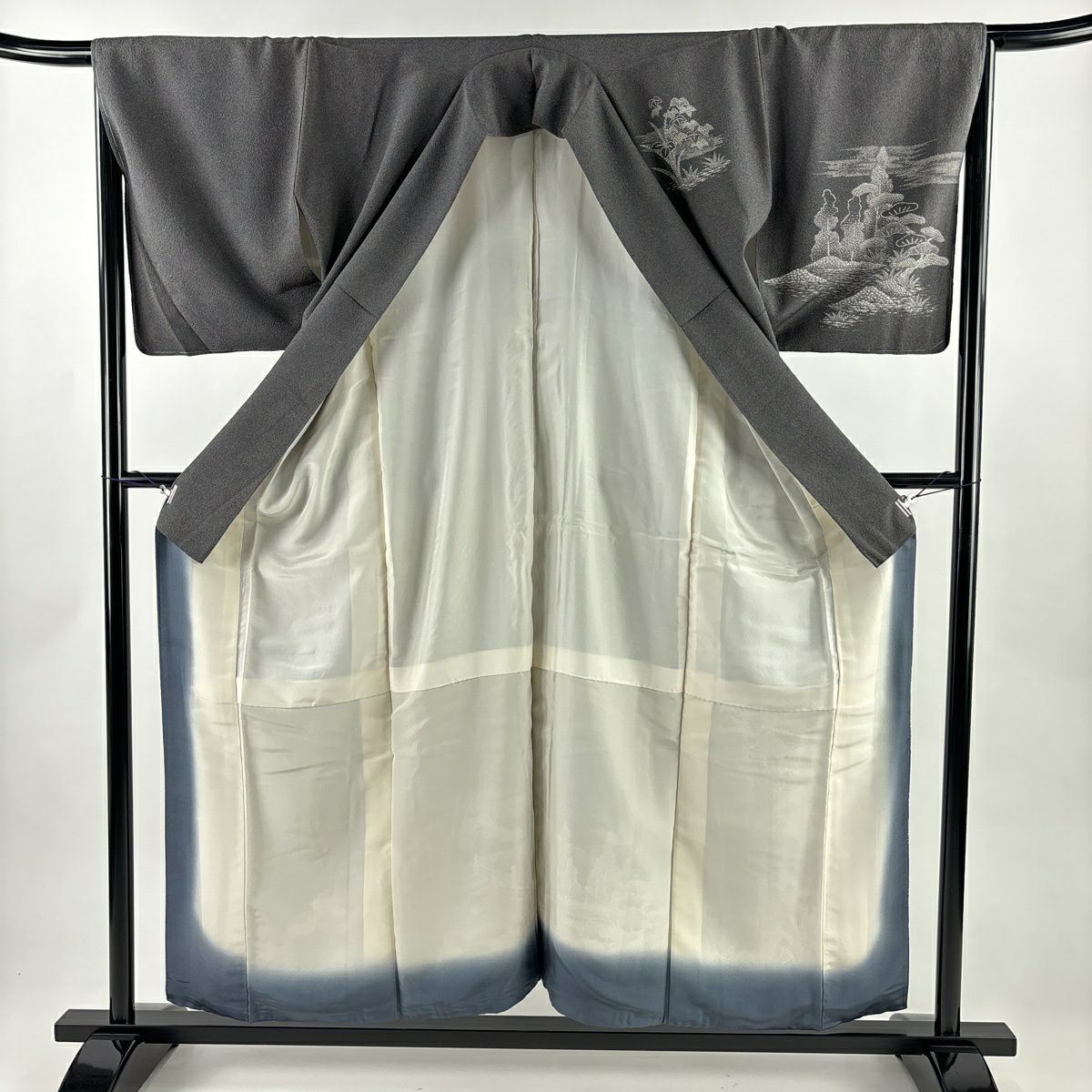 【美品】 付下 身長156cm 袖長66cm M 雙層 建物 松樹 黑灰 純蠶絲 秀品級