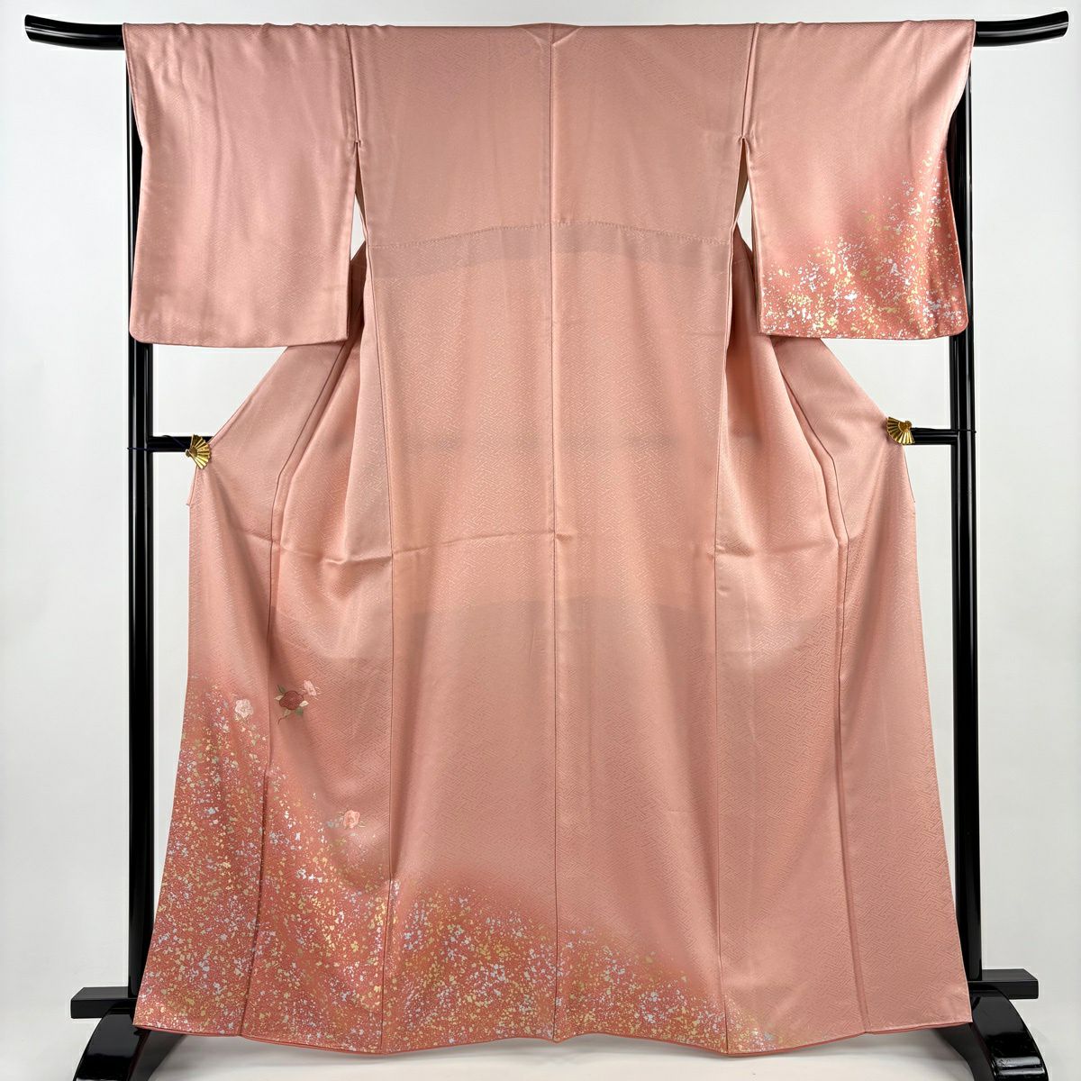 【美品】 付下 身長165cm 袖長67cm M 雙層 椿 地紋 刺繡 金銀彩 粉紅 純蠶絲 秀品級