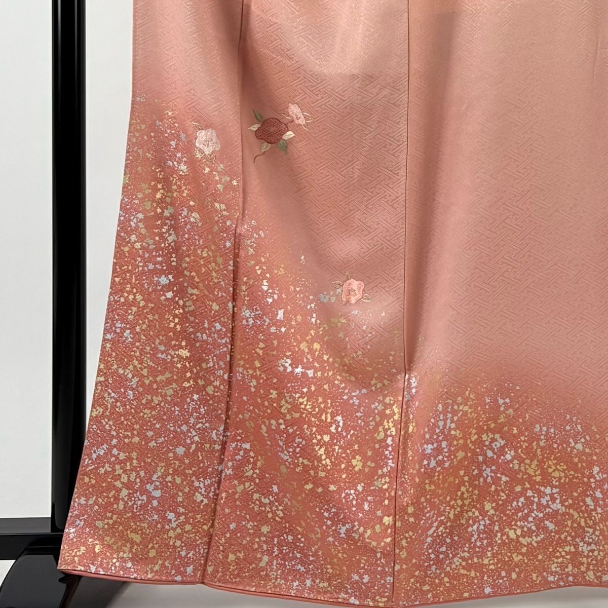 【美品】 付下 身長165cm 袖長67cm M 雙層 椿 地紋 刺繡 金銀彩 粉紅 純蠶絲 秀品級