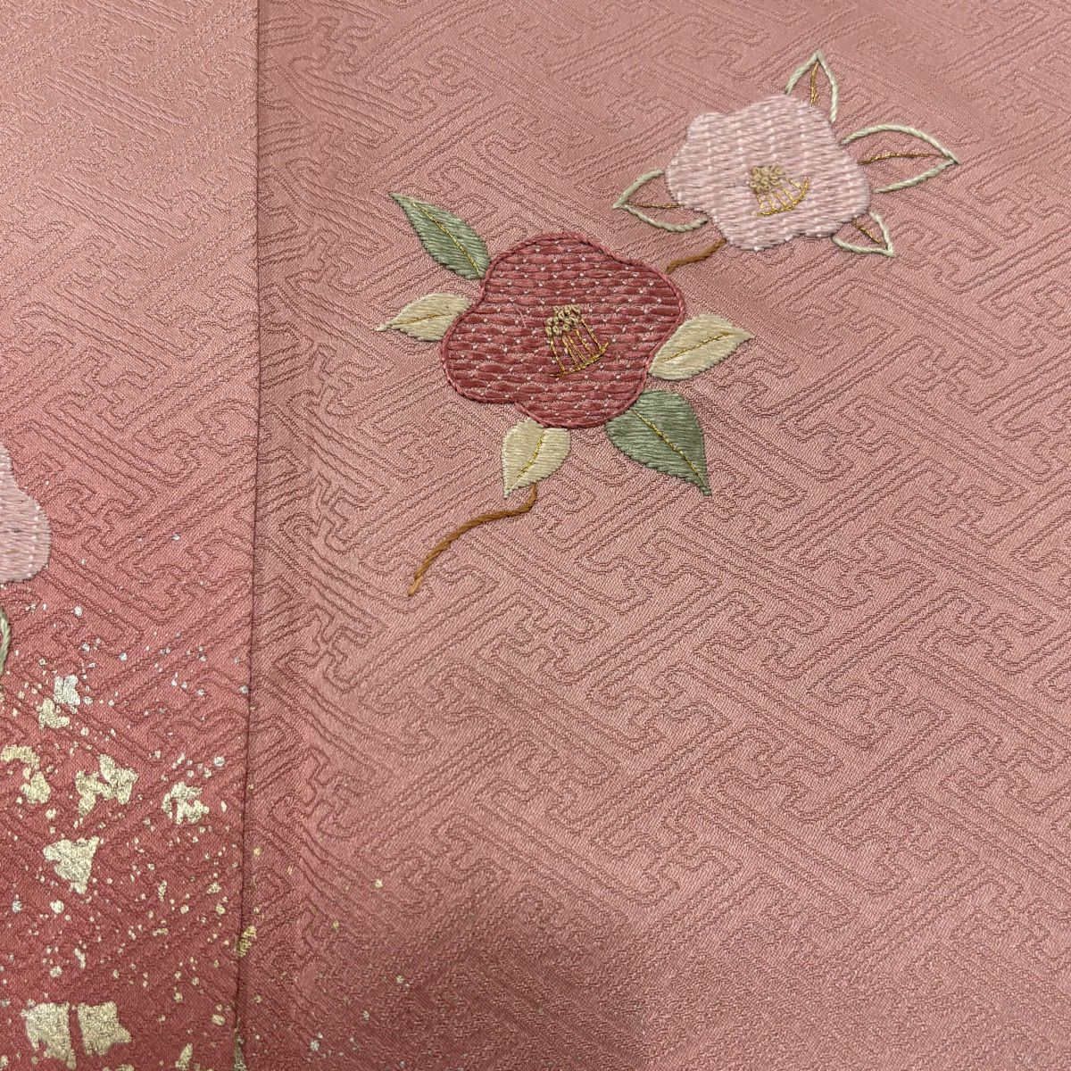 【美品】 付下 身長165cm 袖長67cm M 雙層 椿 地紋 刺繡 金銀彩 粉紅 純蠶絲 秀品級