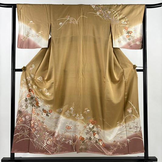 【美品】訪問服 身長152cm 袖長64cm M 雙層 秋草 金彩裝飾 染分 薄茶 純蠶絲 秀品級